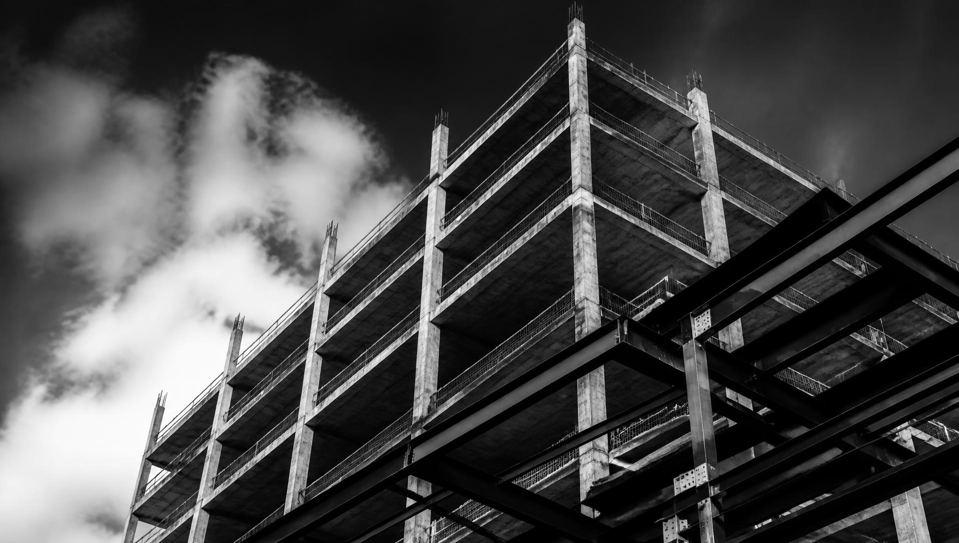 Concrete and steel structural frame under construction